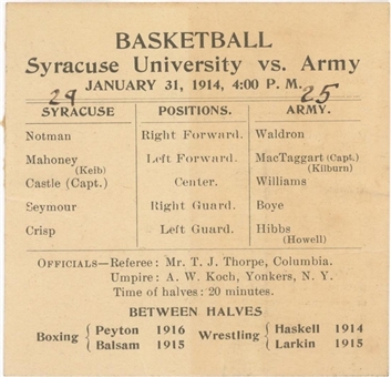 1914 Syracuse University Basketball Scorecard – From the Teams Undefeated Season